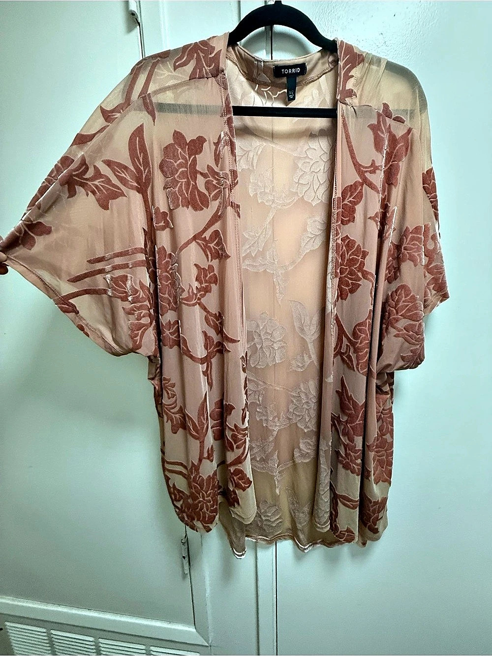 Torrid Floral Burnout Velvet Kimono Cardigan Pink & Brown